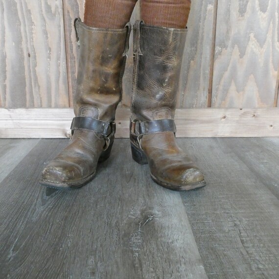 Vintage Frye Leather Harness Boots: Distressed Brown Motorcycle