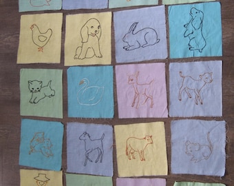 Vintage Hand Embroidered Quilt Blocks: 1930s-40s Farm Animals, Set of 35