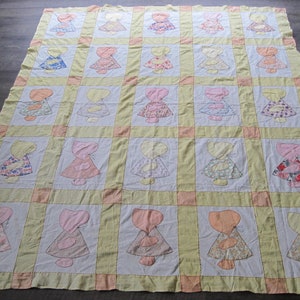 Vintage Sunbonnet Sue Quilt Top: Hand Embroidered Appliqued Blanket (62x82)