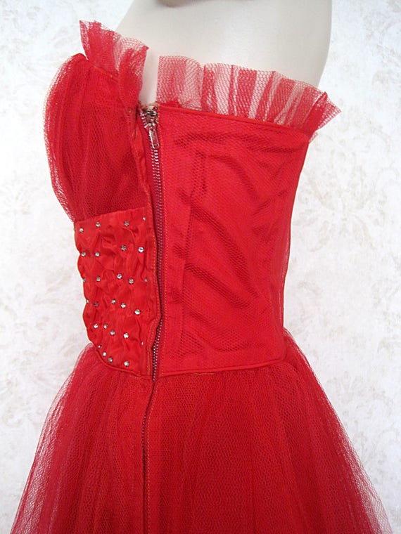 1950s Red Tulle Prom Dress With Rhinestone Embell… - image 8