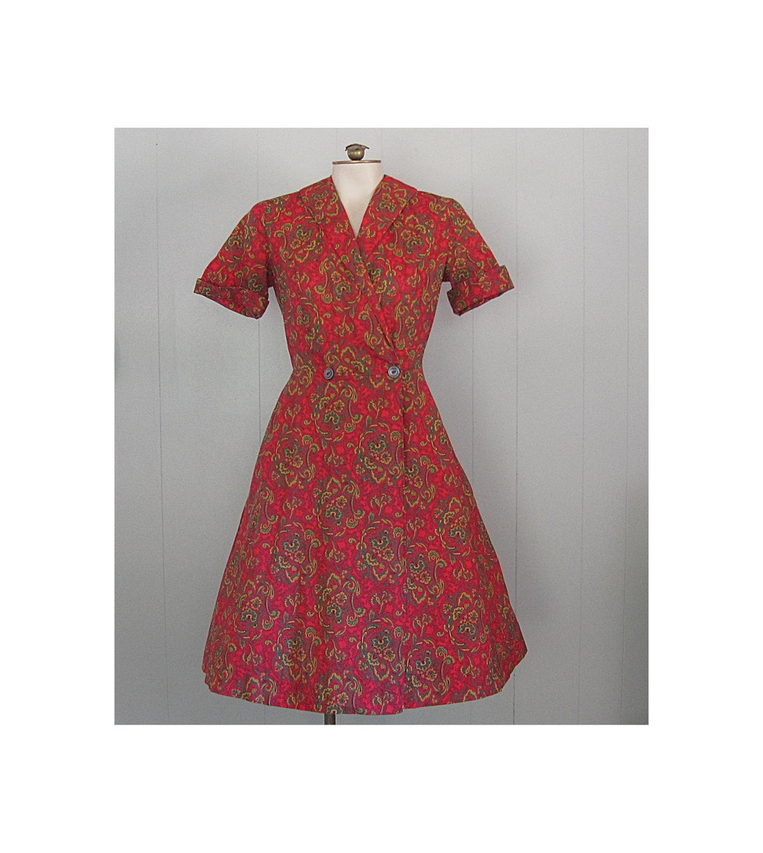 1950s Vintage Cotton House Dress / Red, Green, Black, and Yellow ...