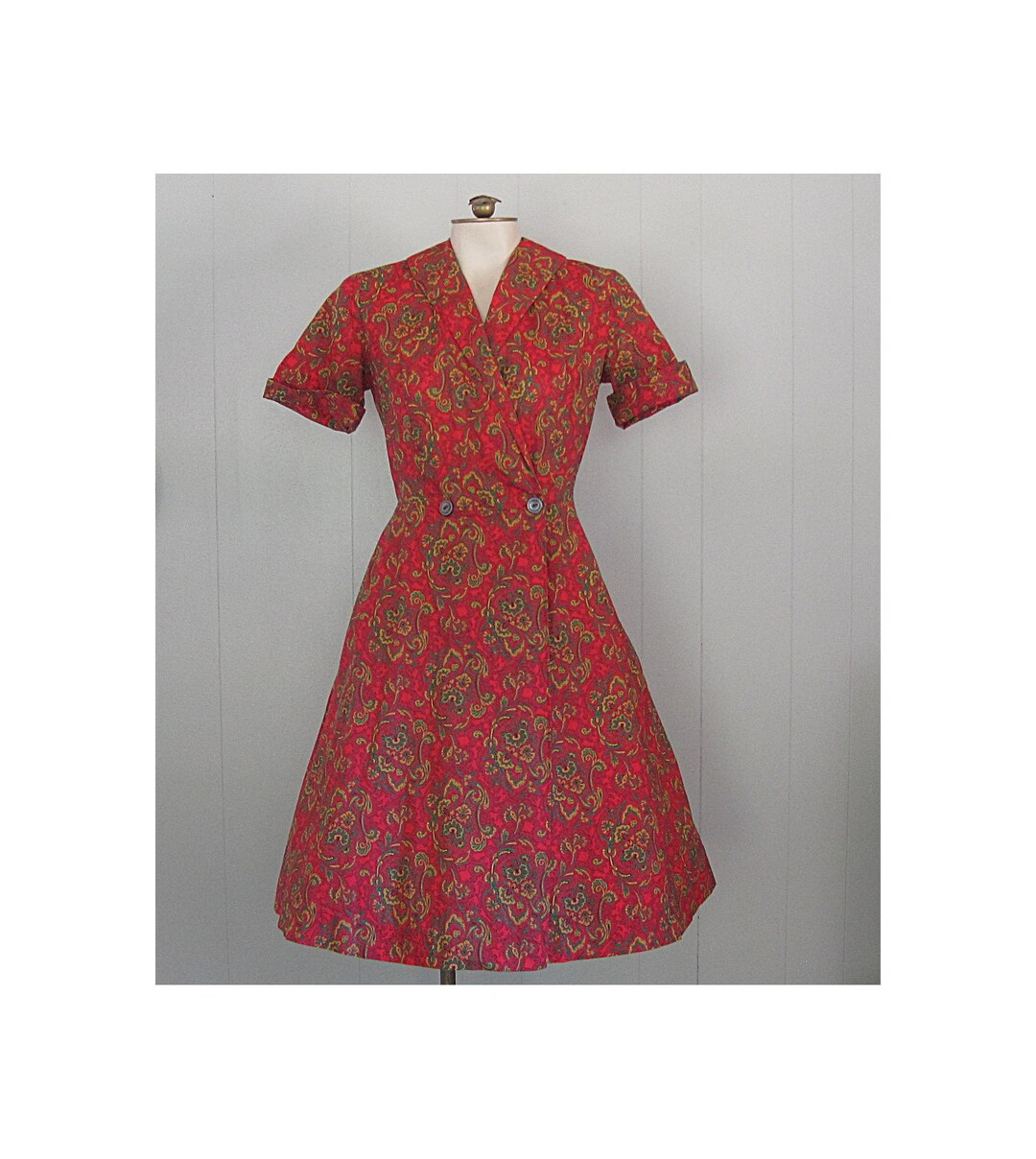 1950s Vintage Cotton House Dress / Red, Green, Black, and Yellow