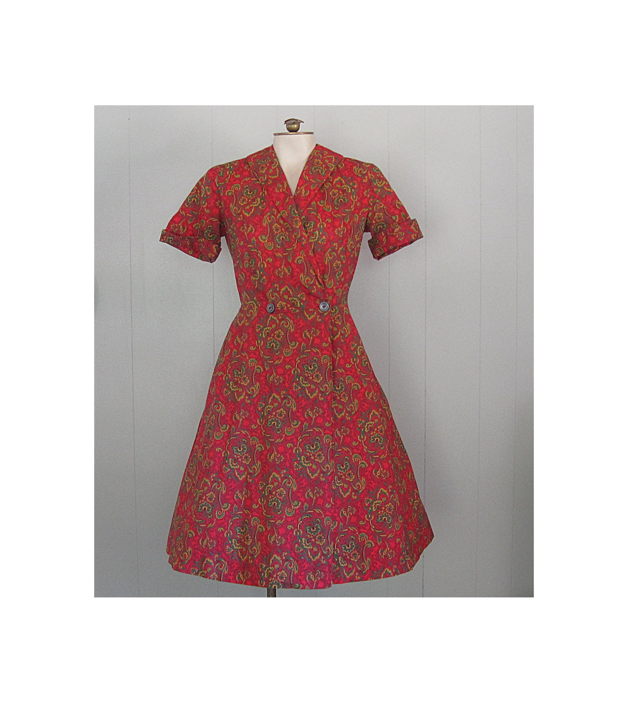 1950s Vintage Cotton House Dress Red Green Black and Yellow Paisley Print 40s 50s Day Dress Robe Etsy