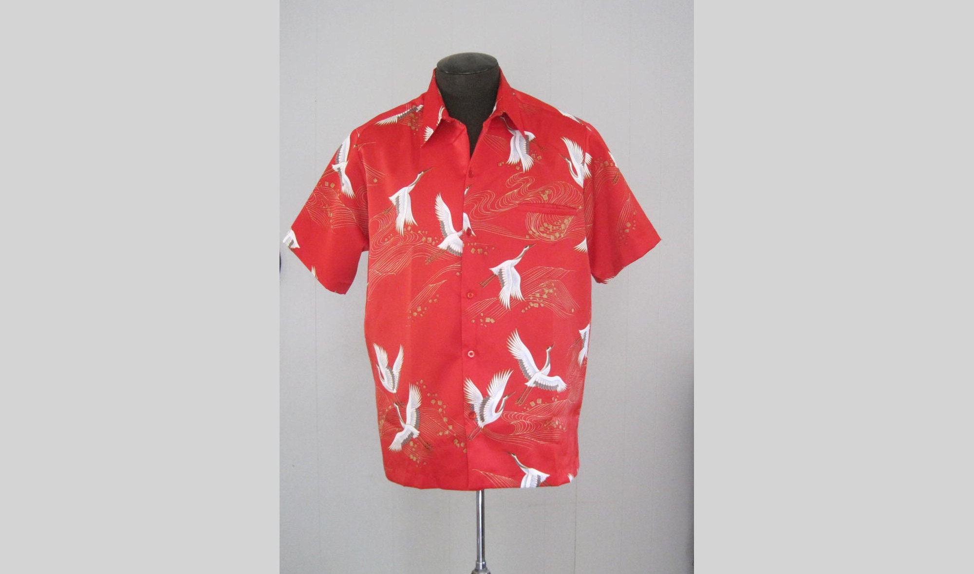 Vintage Hutspah Mens Abstract Hawaiian Disco LS Shirt Khaki Rayon