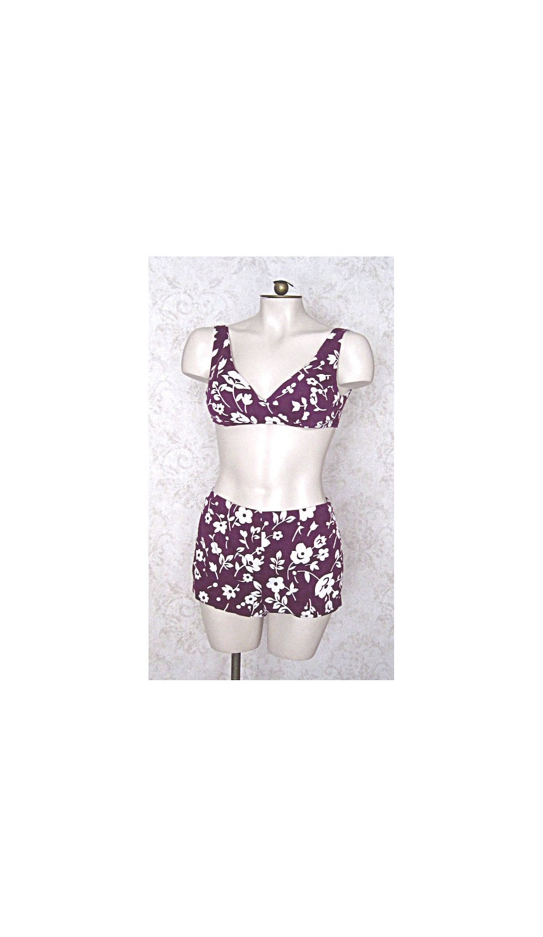vintage 1960s bikini MOD / halter two piece floral swim suit S M