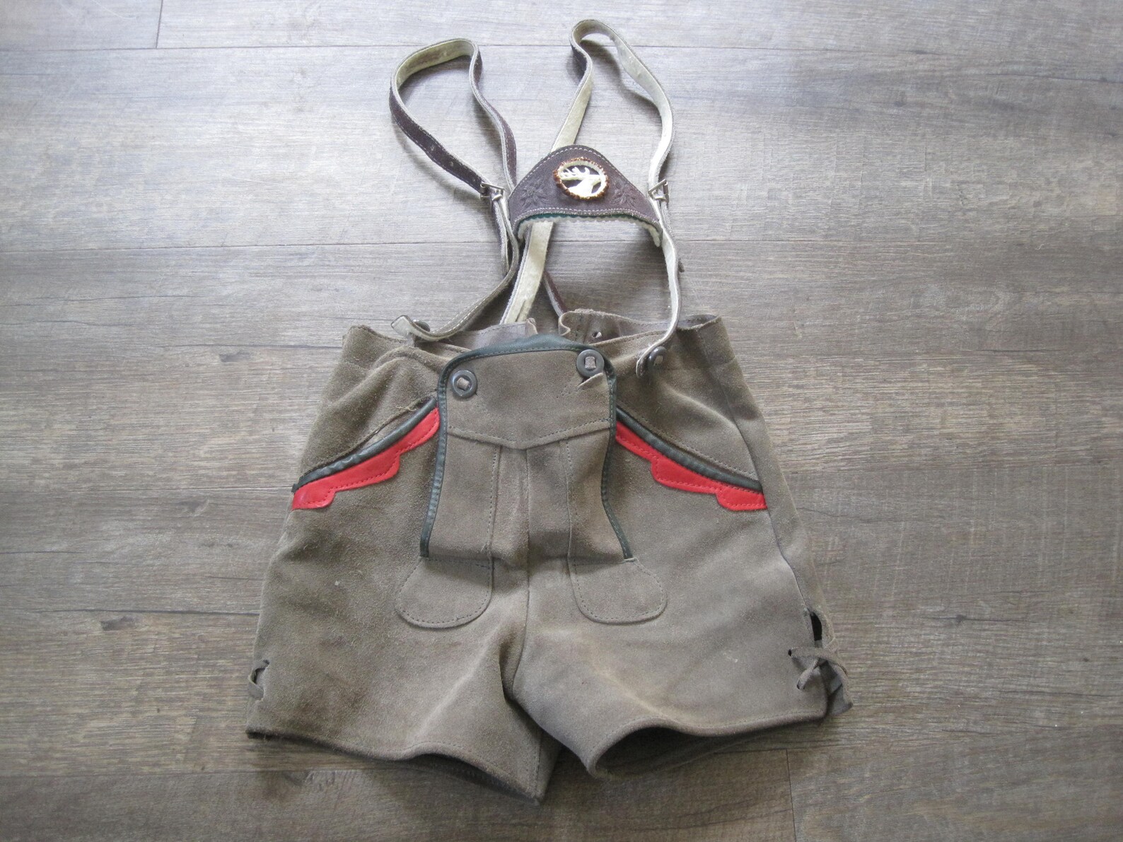 Vintage Kid's Lederhosen / Child Size German Trachten Tyrolean Suede Leather Short Pants With Suspenders