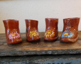 Vintage Tonala Pottery Boots, Hand-Painted Mexican Folk Art Redware Planters, Set of 4