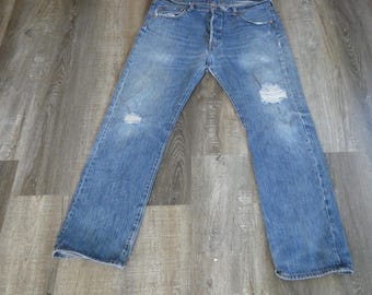 Levi's 501 Button Fly Jeans Vintage Distressed Denim 36 x 32 Tag (36x31)