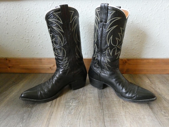 Vintage Nocona Cowboy Boots: Black Leather Western Stitch, Men's