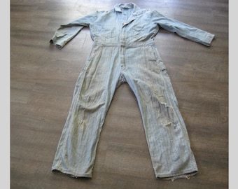 Vintage Denim Coverall: Distressed Herringbone Twill Workwear Jumpsuit
