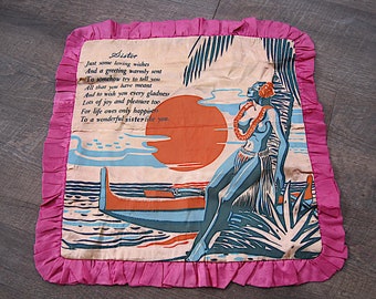 1940s WWII Souvenir Satin Pillow Cover: Hawaii Pacific Rim Poem