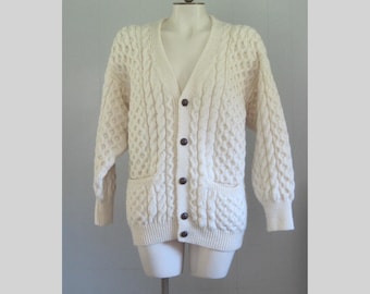 Vintage Cable Knit Wool Cardigan: Gaeltarra Fisherman Sweater, Men's Small