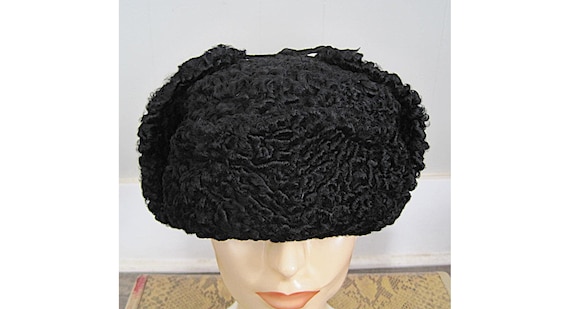 Vintage Black Persian Lamb Trapper Hat / Natural … - image 1