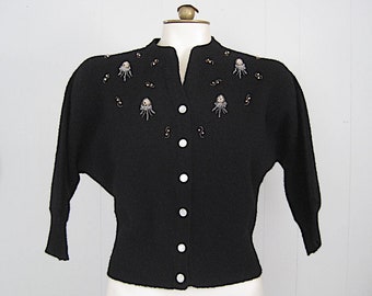 40s Vintage Beaded Cardigan Sweater / Jernat Black Wool With Faux Pearl and Clear Beads Dolman Sleeve 1940s 50s Pin-up Cardigan