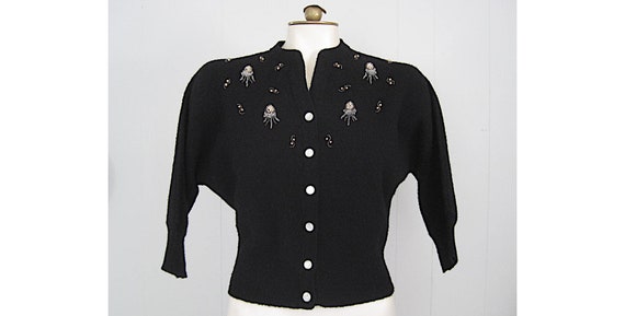 40s Vintage Beaded Cardigan Sweater / Jernat Blac… - image 1