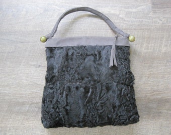 Vintage Persian Lamb Fur Muff Purse, Suede Trim, 1930s Era