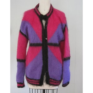 Vintage Mohair Blend Cardigan: Fuchsia Geometric Irish Wool Sweater