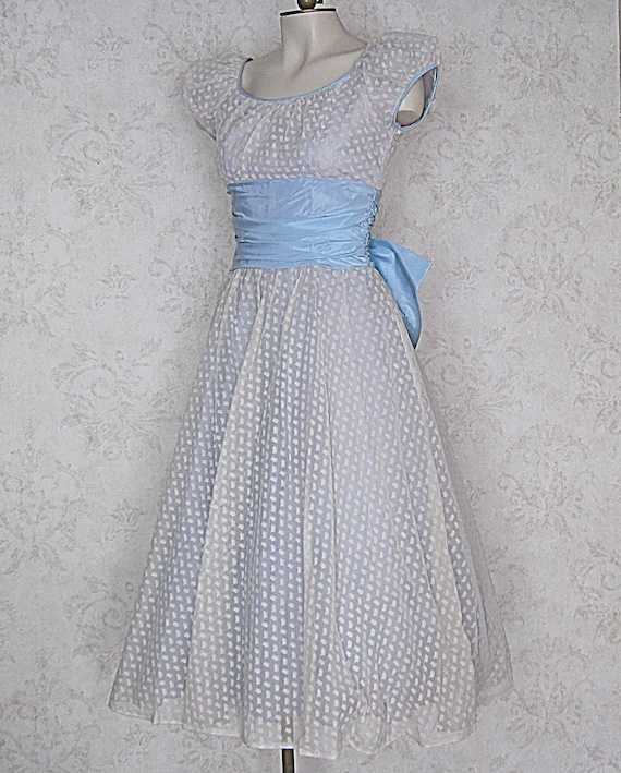 1950s Vintage Party Dress: White Flocked Polka Do… - image 2
