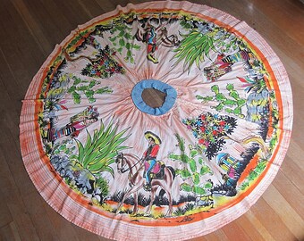 1950s Vintage Mexican Circle Skirt / 50s Hand Painted Sequined Mexican Full Circle Skirt With Heavy Beaded Waistband