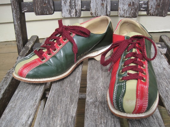 Vintage Bowling Shoes / 1950s Leather Tri-tone Red Green and