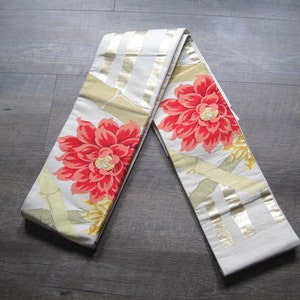 Vintage Japanese Obi Ivory Gold Red Metallic Thread Floral Bamboo Nagoya Kimono Belt Sash Japanese Textile Embroidered Brocade Fabric