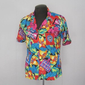 Women&#39;s Vintage Carol Anderson Hawaiian Shirt / 1990s Ladies Rayon Aloha Tiki Blouse / Floral Vacation Theme 90s Hawaiian Size Small Medium