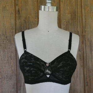 Vintage Exquisite Form Black Lace Bra 1950s 1960s Illusion Lace Pin Up Lingerie 32 C