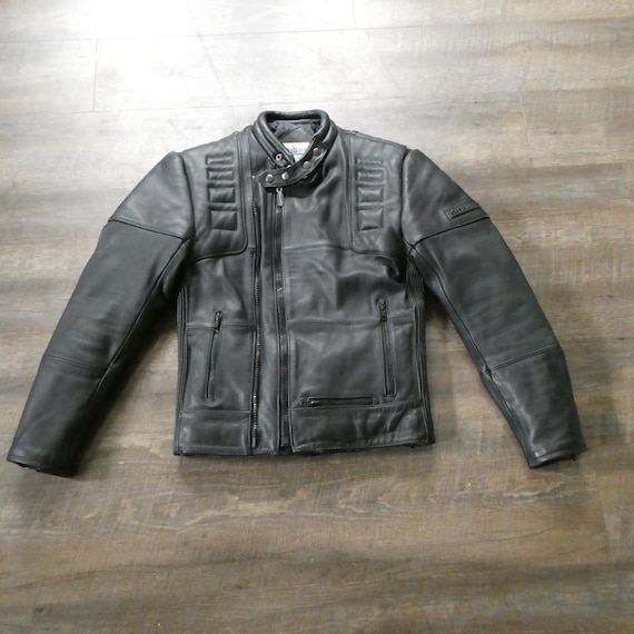 Black Leather Motorcycle Jacket / Vintage Fieldsh… - image 1
