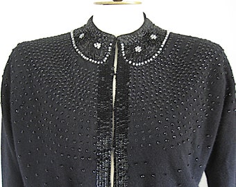 1950s Vintage Sequined Cashmere Cardigan Sweater / Black Pure Cashmere Prince Scott Beaded Sequined Silk Lined 50s Pin Up Sweater Size 42