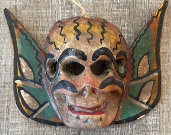 Vintage Hand Carved Wood Mask Winged Skull Mexican Guerrero Folk Art