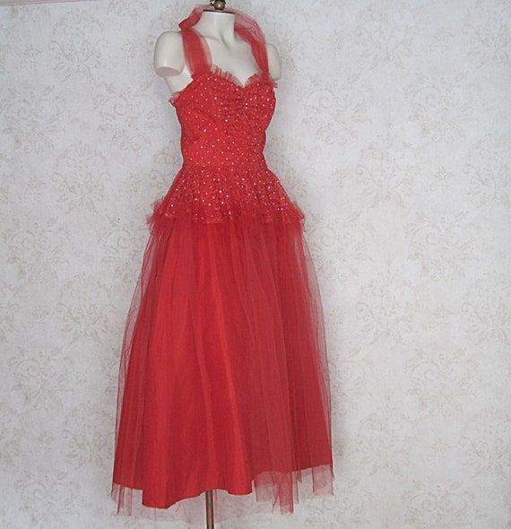 1950s Vintage Party Dress / Red Tulle '50s Cockta… - image 2