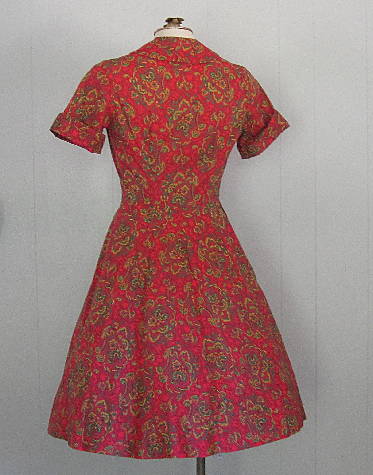 1950s Vintage Cotton House Dress / Red Green Black and Etsy