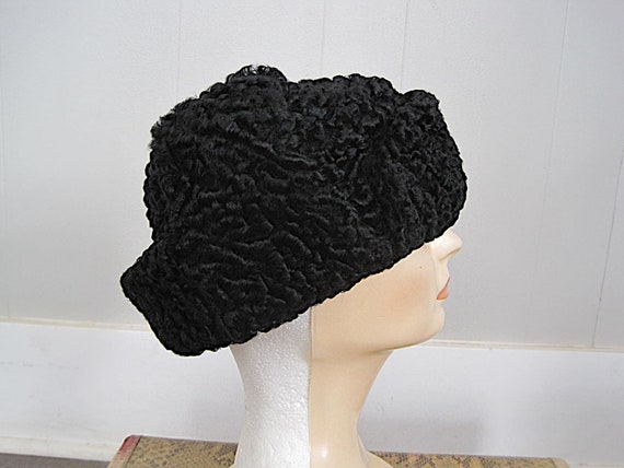 Vintage Black Persian Lamb Trapper Hat / Natural … - image 5