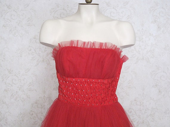 1950s Red Tulle Prom Dress With Rhinestone Embell… - image 7