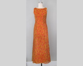 Vintage 1960s Velvet Burnout Overlay Fabric Maxi Dress / Sleeveless Floral Floor Length Handmade Evening Gown Coctail Dress