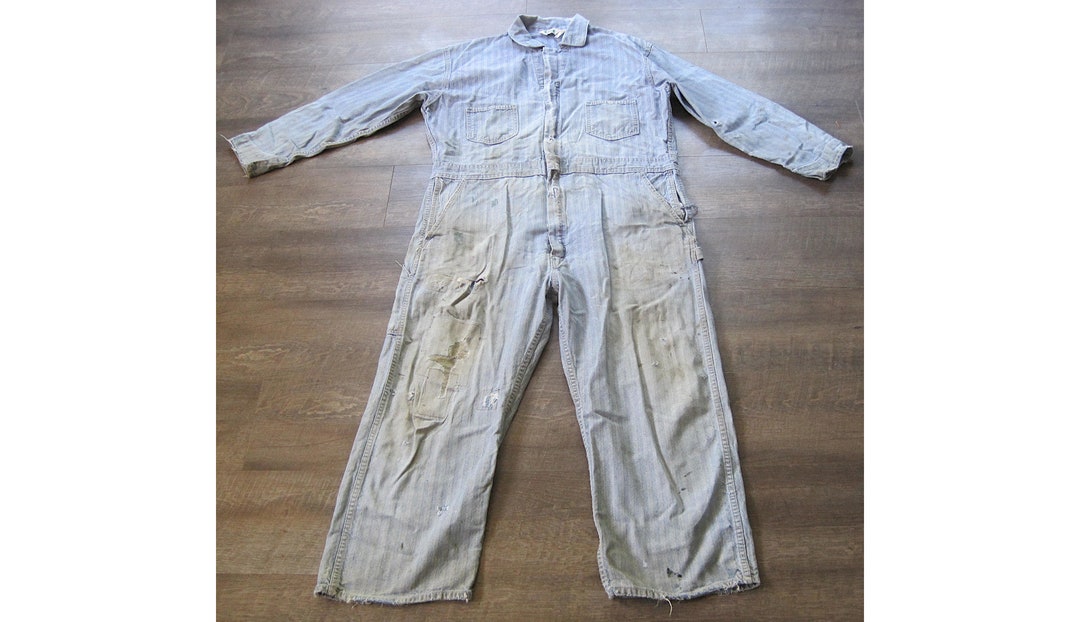 90s vintage coveralls Arrietty カバーオール XL Vintage Key Coverall / 60s 70s Distressed Denim Herringbone