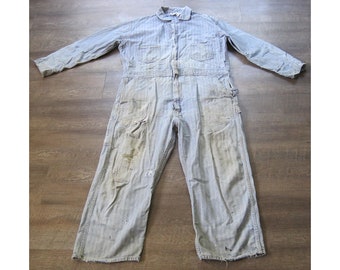 Vintage Key Coverall / 60s 70s Distressed Denim Herringbone Twill Workwear Jumpsuit / Vintage Mechanic Overalls Boiler Suit Altered