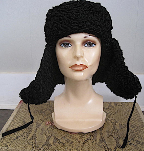 Vintage Black Persian Lamb Trapper Hat / Natural … - image 2