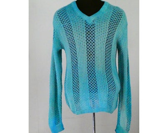 Vintage Pendleton Wool Sweater / Men's Medium 1930s '40s Vintage V-neck Loose Woven Pullover Turquoise