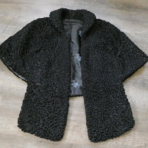 Vintage 1950s Persian Lamb Fur Capelet: Black Brocade Lined Stole