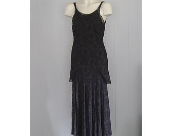 Vintage 1930s Bias Cut Lace Dress / 20s 30s Vintage Floral Black Lace Floor Length Cocktail Gown