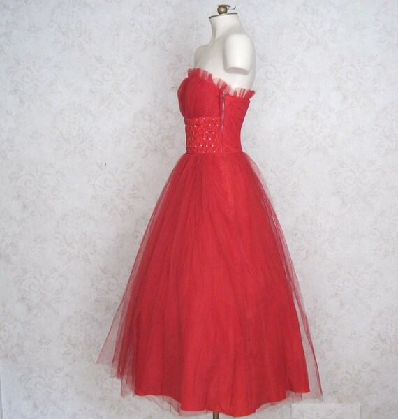 1950s Red Tulle Prom Dress With Rhinestone Embell… - image 5