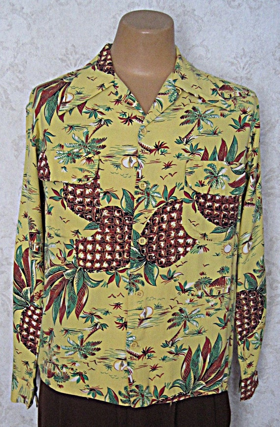 Vintage 1940s 1950s Long Sleeve Rayon Hawaiian Shirt … - Gem Vintage 1940s 1950s Long Sleeve Rayon Hawaiian Shirt … - Gem