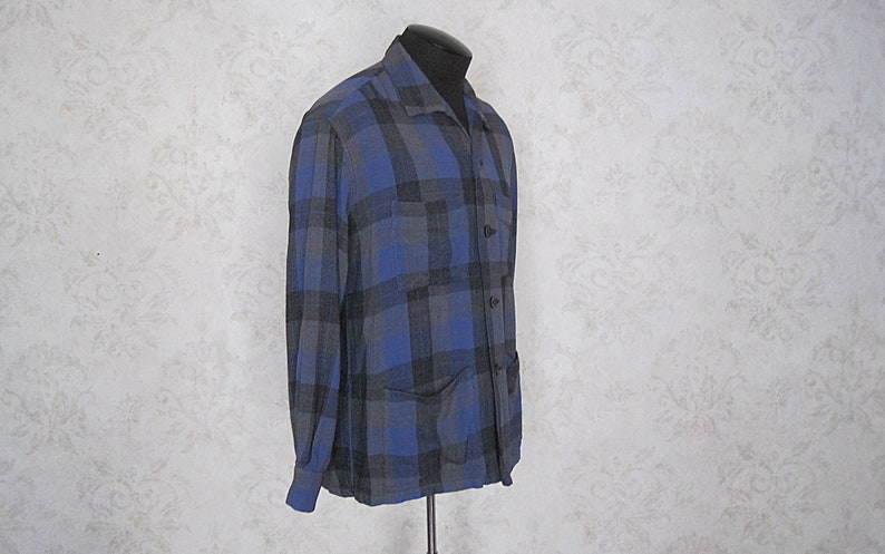 1950s Vintage Flannel Shirt /'40s /'50s Wool Jacket Vintage Plaid Wool Loop Collar Shirt With Flap Pockets