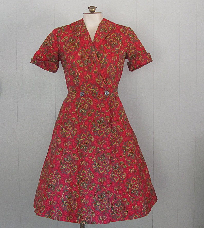 1950s Vintage Cotton House Dress / Red Green Black and Etsy