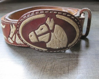 Vintage Wrangler Brown Tooled Horse Leather Belt/silver  display picture 3