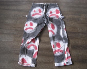 Vintage Dickies Painter Pants / Upcycled Painted Frown Face Utility Pants As Found 90s Y2K Size 32 x 32 Rave Jeans