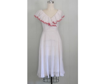Vintage '70s Dress / 1970s 1980s White Red Swiss Dot Sleeveless Flutter Neckline Fit & Flare Sundress