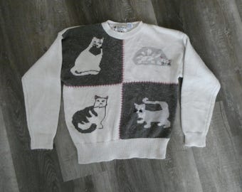 Vintage 80s Cat Print Sweater: Novelty Pullover, Size L