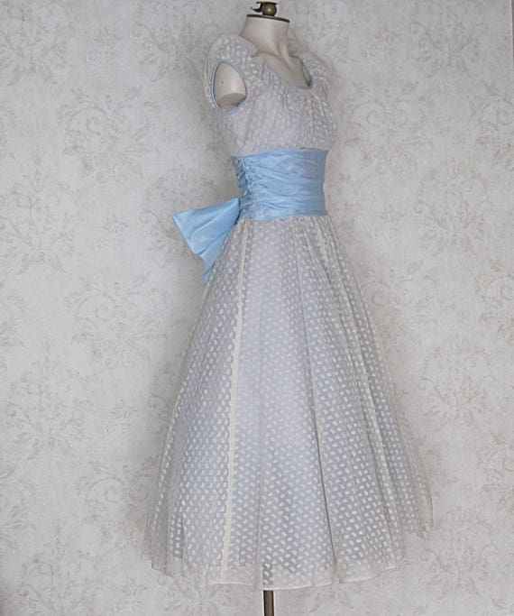 1950s Vintage Party Dress: White Flocked Polka Do… - image 5